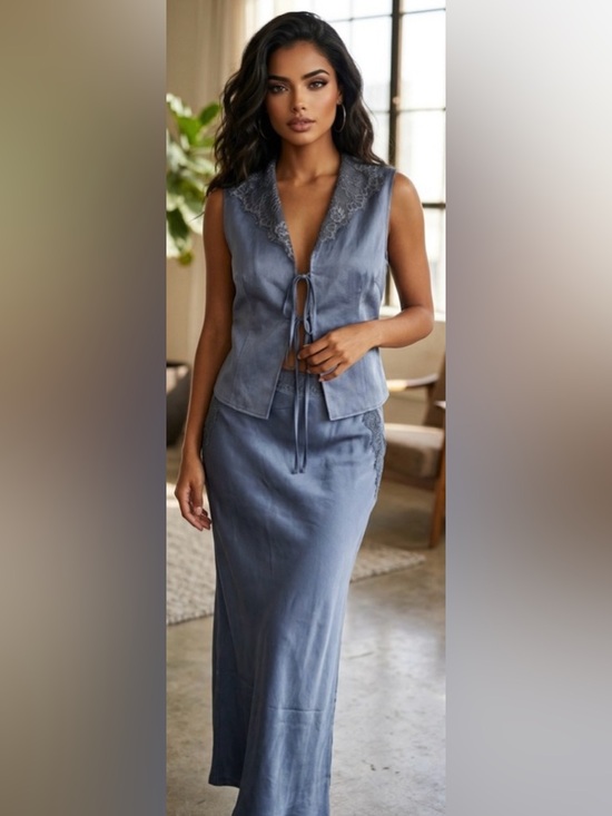 NEW Free People X Brenda Knight Satin and Lace Maxi Skirt & Vest Set XS - Picture 3 of 16